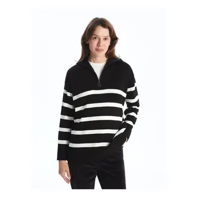 LC Waikiki Stand Collar Striped Oversize Women's Knitwear Sweater