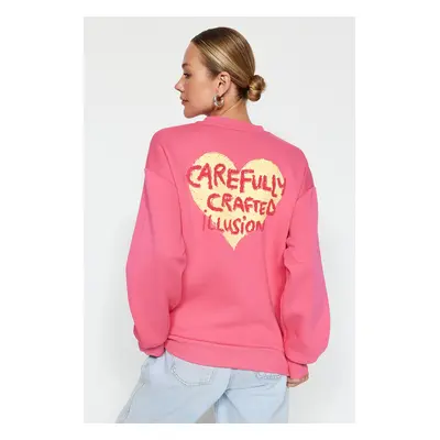 Trendyol Pink Thick Fleece Inside With Relief Print On The Chest And Back, Oversized Knitted Swe