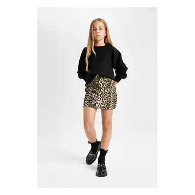 DEFACTO Girl's Leopard Patterned Gabardine Skirt with Pockets