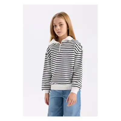 DEFACTO Girl Oversize Fit Wide Mold Half Zipper Striped Sweatshirt