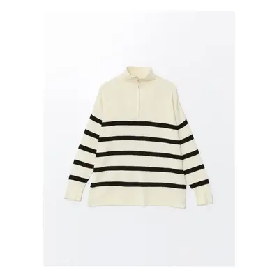 LC Waikiki Stand Collar Striped Oversize Women's Knitwear Sweater