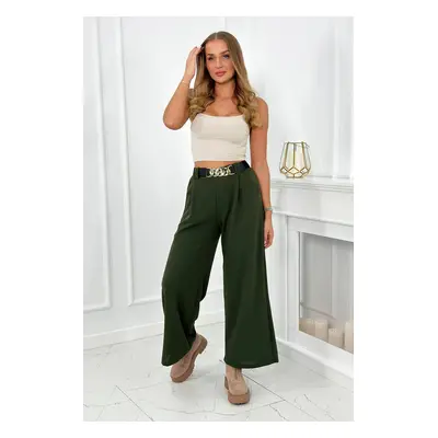 Viscose trousers with wide legs in khaki colour