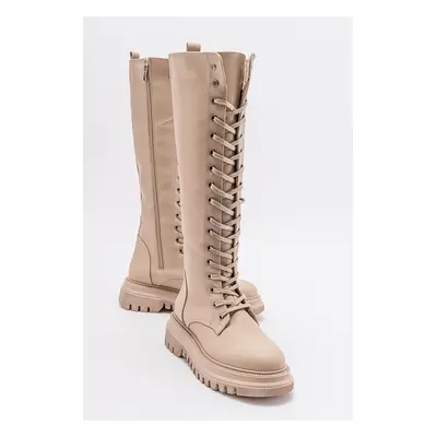 LuviShoes PEGOS Women's Beige Skin Laced Zippered Boots