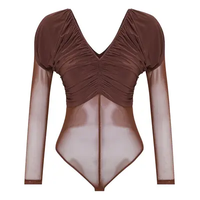 Trendyol Brown V Neck Tulle Knitted Bodysuit