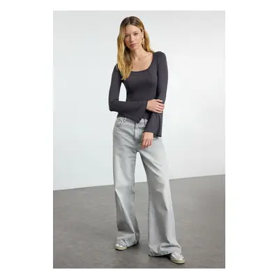 Trendyol Anthracite Fitted/Fits the Body Seam Detailed Pool Neck Flexible Knitted Blouse