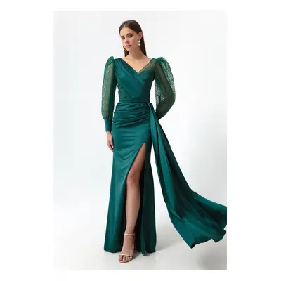 Lafaba Women's Emerald Green Double Breasted Collar Silvery Long Satin Evening Dress