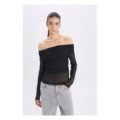 DEFACTO New Year's Themed Slim Fit Slim Cut Off Shoulder Tulle Long Sleeve T-Shirt