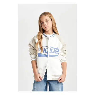 DEFACTO Girls College Collar Snap Pocket Printed Thick Furry Seasonal Bomber Jacket D2626a824au