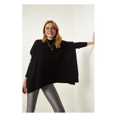 Happiness İstanbul Black High Neck Slit Knitwear Poncho Sweater