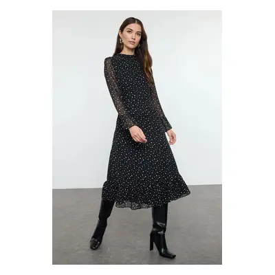 Trendyol Black and White Polka Dot Patterned A-Line Midi Lined Chiffon Woven Winter Dress