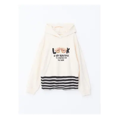 LC Waikiki Hooded Printed Long Sleeve Girls Crop Sweatshirt