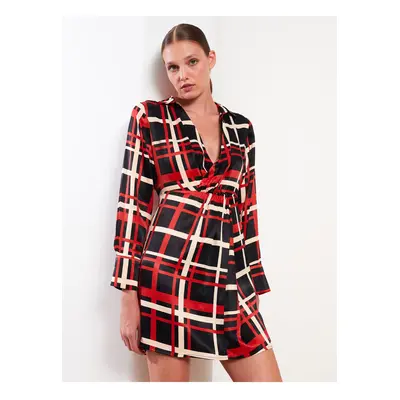 LC Waikiki Women's Shirt Collar Plaid Long Sleeve Satin Dress