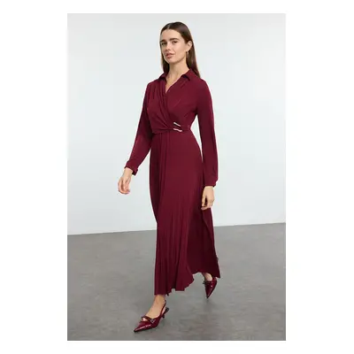 Trendyol Burgundy Accessory Detailed Pleated Knitted Dress