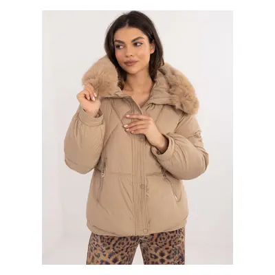 Beige women's winter jacket with zip pockets