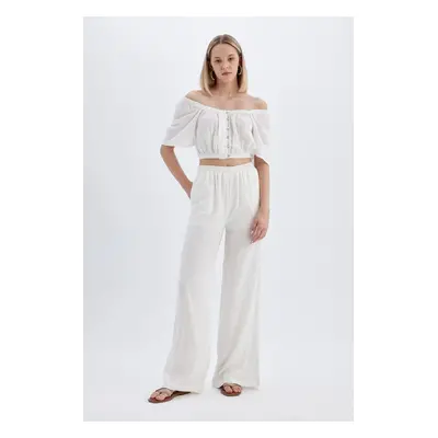 DEFACTO Crinkle Viscose Trousers Wide Leg Wide Leg Basic Plain High Waist Standard Length