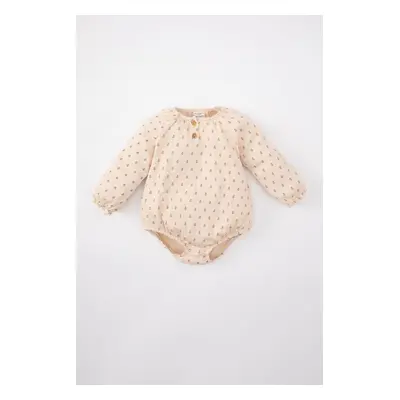 DEFACTO Baby Girl Newborn Buttoned Collar Floral Crinkle Fabric Long Sleeve Snap Snap Body