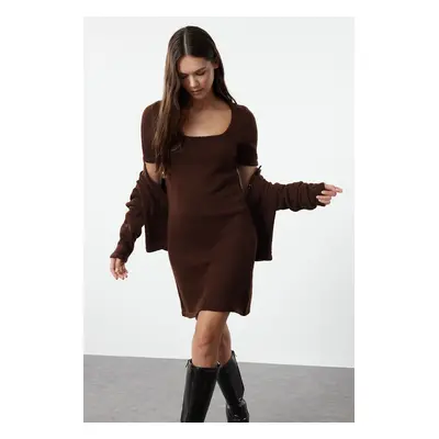 Trendyol Brown Mini Knitwear Soft Texture Cardigan-Dress Set