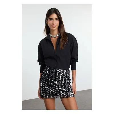 Trendyol Black Large Sequined Knitted Mini Skirt