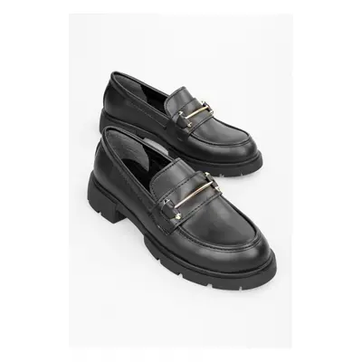 Shoeberry Women's Aston Black Leather Buckle Detail Loafer