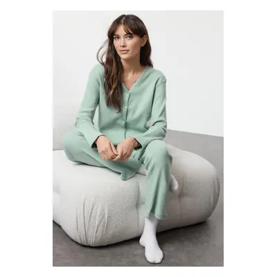 Trendyol Mint Brushed Soft Ribbed Cardigan Knitted Pajama Set