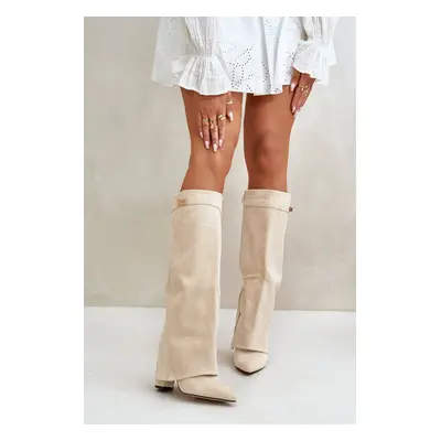 Women's eco suede boots with a bent upper on the column beige bralise