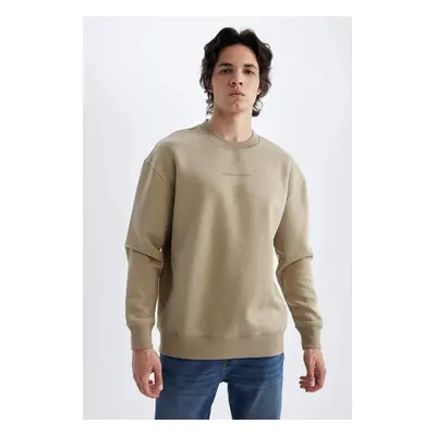 DEFACTO Men's Dark Sand Boxy Fit Crew Neck Printed Sweatshirt