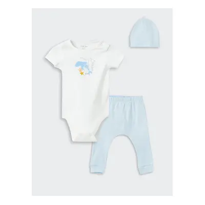 LC Waikiki Crew Neck Printed Baby Boy Snap-Faced Body Pants and Beret 3-Piece Set