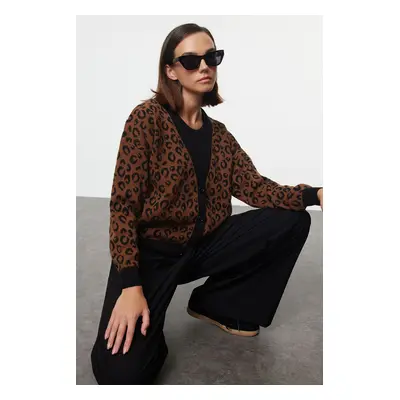 Trendyol Black Soft Texture Leopard Patterned Knitwear Cardigan