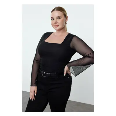 Trendyol Curve Black Tulle Knitted Plus Size Blouse