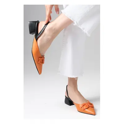 Mio Gusto Selina Orange Color Open Back Women's Short Heeled Shoes with Buckle Accessories.