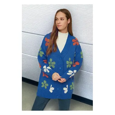 Trendyol Blue V-Neck Floral Embroidered Knitwear Cardigan