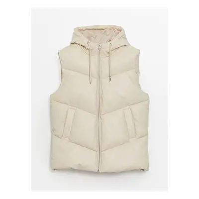 LC Waikiki Hooded Plain Leather Look Women's Puffer Vest