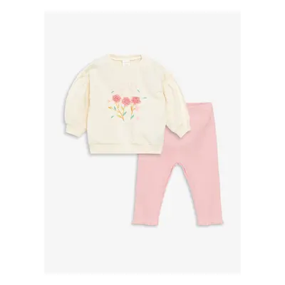 LC Waikiki Crew Neck Long Sleeve Printed Baby Girl Sweatshirt and Tights 2-Piece Set