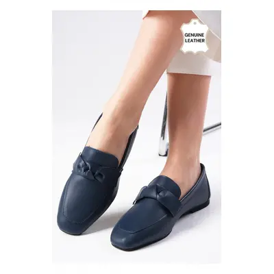 Mio Gusto Candy Genuine Leather Navy Blue Women's Blunt Toe Loafers with Bow Accessories