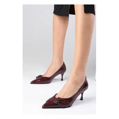 Mio Gusto Shirley Burgundy Color Patent Leather Pointed Toe Buckle Accessory Heeled Shoes