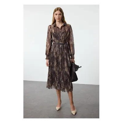 Trendyol Brown Animal Patterned Pleated Detailed Lined Maxi Woven Winter Dress