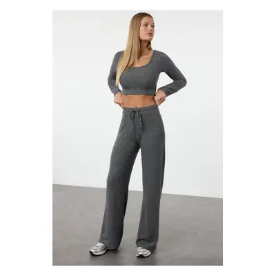 Trendyol Anthracite Soft Crop and Wide Leg Knitted Top and Bottom Set