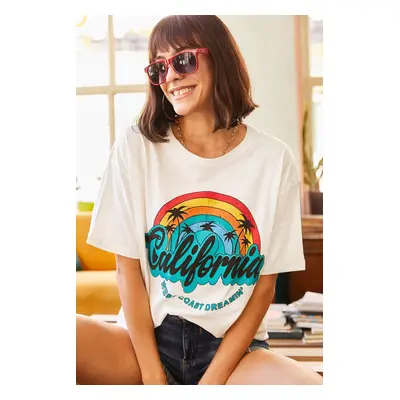 Olalook Women's Ecru Rainbow Printed T-Shirt