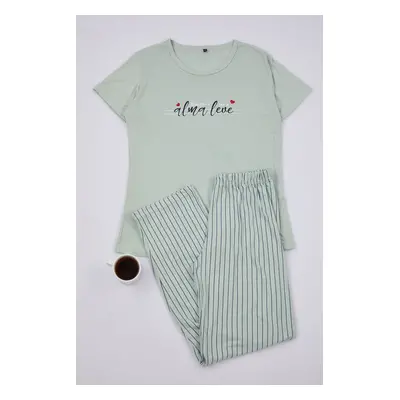 Trendyol Mint Slogan Printed Striped Knitted Pajama Set