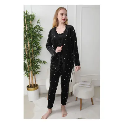 Trendyol Black 3-Piece Belted Heart Lace Detailed Velvet Knitted Pajama Set