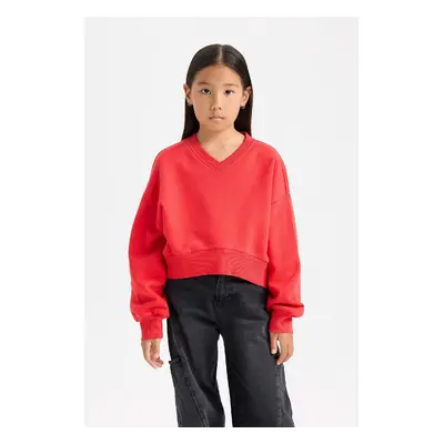 DEFACTO Girl Crop V Neck Basic Plain Sweatshirt