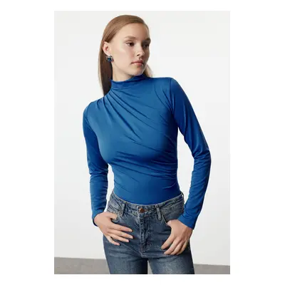 Trendyol Flexible Knitted Bodysuit with Saks Ruffle Detail, High Collar and Snap Fasteners