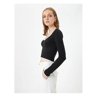 Koton Crop T-Shirt Long Sleeve U Neck Piping Detailed Ribbed