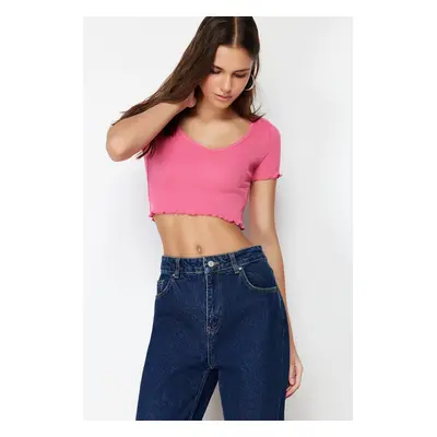 Trendyol Pink Pool Neck Baby Overlock Detail Crop Ribbed Elastic Knitted Blouse