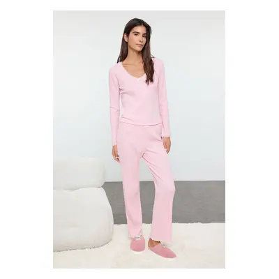 Trendyol Pink Lace and Ribbon/Bow Detailed Ribbed Knitted Pajama Set