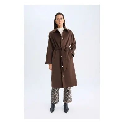 DEFACTO Relax Fit Polo Collar Buttoned Belted Pocket Long Cashmere Coat