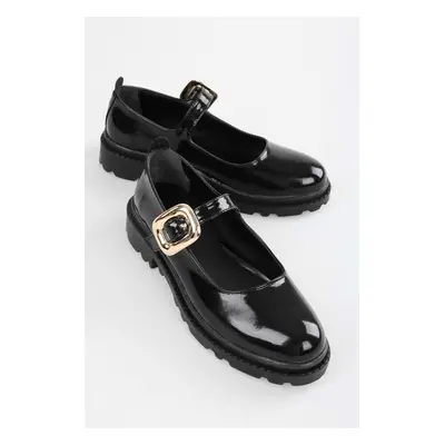 Shoeberry Women's Ophelia Black Patent Leather Daily Ballerinas with Gold Buckle