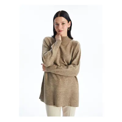 LC Waikiki Lcw Modest Beige Stand Collar Plain Oversize Women's Knitwear Tunic