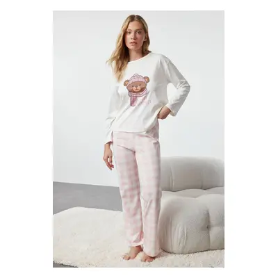 Trendyol Ecru 100% Cotton Teddy Bear Printed Plaid Knitted Pajama Set