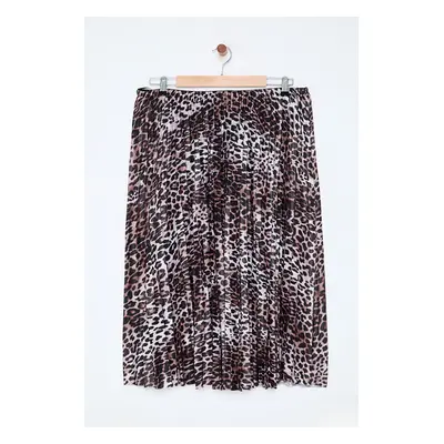 Trendyol Curve Multi-Colored Elastic Waist Leopard Patterned Pleated Woven Plus Size Skirt